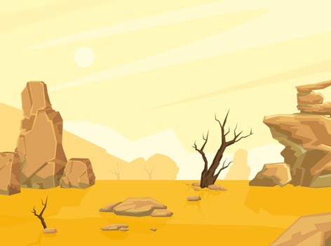 Sandy Desert Landscape with Mountains and Lonely Dead Tree, Drought, Global Warming Conept Cartoon Illustration vector
