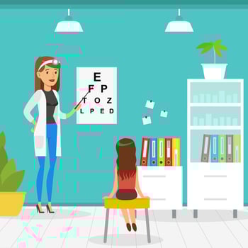 Optometrist Checking Girl Eyesight with Test Chart in Office, Doctor Woman Doing Medical Examination of Kid, Medical Service Concept Illustration vector