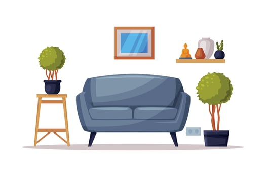 Cozy Room Interior, Comfy Sofa and Potted Houseplants Illustration on White Background vector