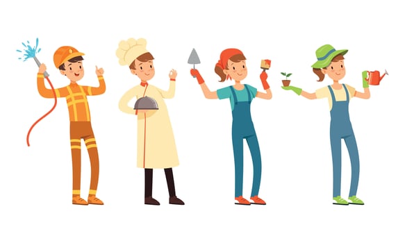 Children of Various Professions Set, Firefighter, Chef Cook, Painter, Gardener Characters Cartoon Style Illustration vector