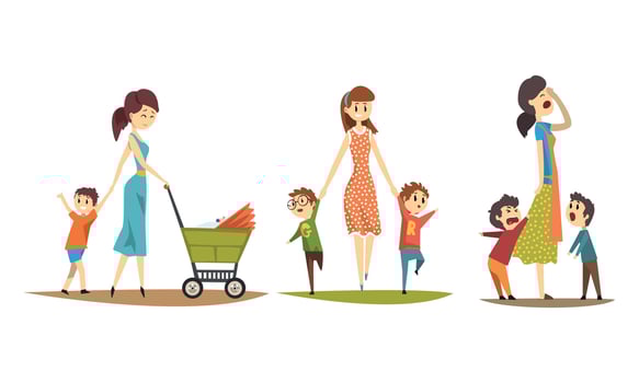 Pretty Mothers Walking with their Little Kids Set, Moms with Naughty Children, Happy Family Concept Cartoon Style Illustration vector