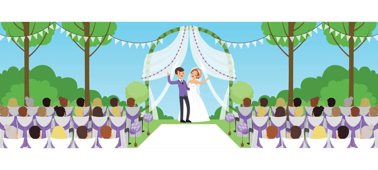 Outdoor Marriage Celebration in Park, Happy Newlyweds and their Guests Cartoon Style Illustration vector