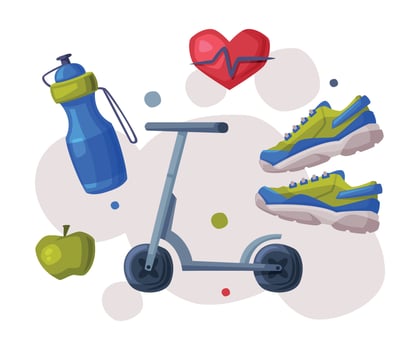 Sports and Healthy Lifestyle, Cardio Workout, Kick Sooter, Bottle of Water, Apple, Sneakers Cartoon Style Illustration vector