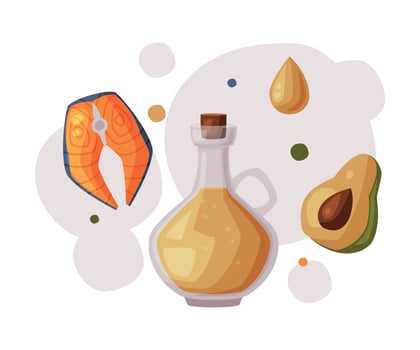 Healthy Diet, Salmon Fish, Olive Oil, Avocado, Fresh Useful Products with Health Benefits Cartoon Style Illustration vector