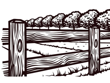 Rustic wooden fence with lush trees in a serene countryside landscape vector