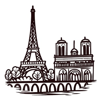 Iconic paris landmarks eiffel tower and notre dame sketch with trees and river vector