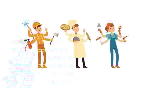 Multitasking People Collection, Firefighter, Chef Cook, Painter Characters with Many Hands Cartoon Style Illustration vector