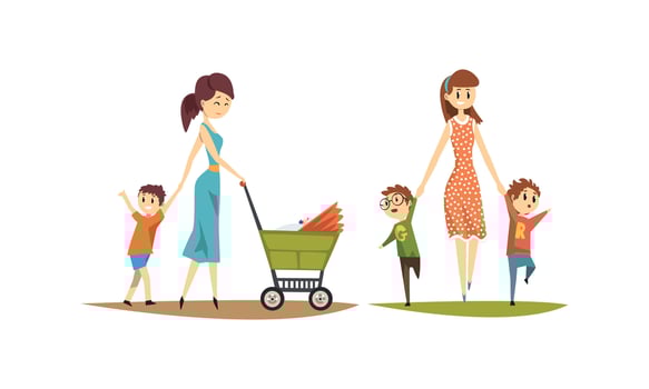 Pretty Mothers Walking with their Little Kids Set Cartoon Style Illustration vector