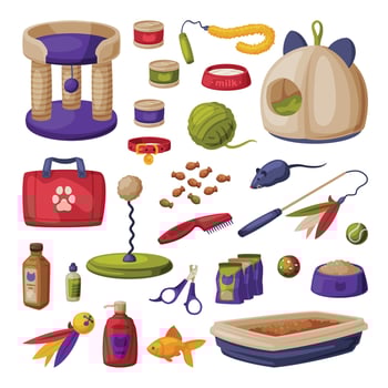 Cat Accessories Set, Pet Shop Products, Food, Scratching Post, Small House, Toilet, Comb, Scissors, Toys Cartoon Style Illustration vector