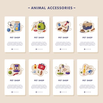 Animal Accessories Mobile App Onboarding Screens, Pet Shop, Food, Toys, Products for Care Webpages Cartoon Illustration vector
