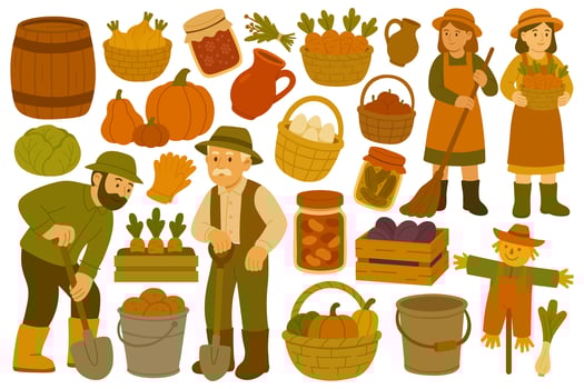 Cozy set with farmers, vegetables, baskets, jars and rustic fall harvest tools in cartoon style. vector