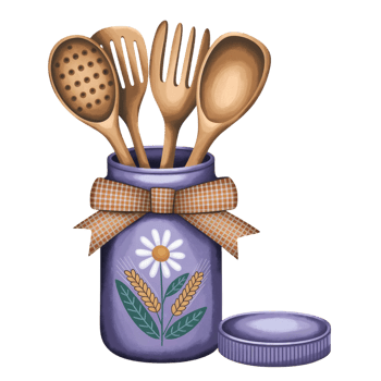 A set of wooden kitchen utensils is neatly arranged in a purple jar adorned with a floral design and a checkered bow. cutouts png