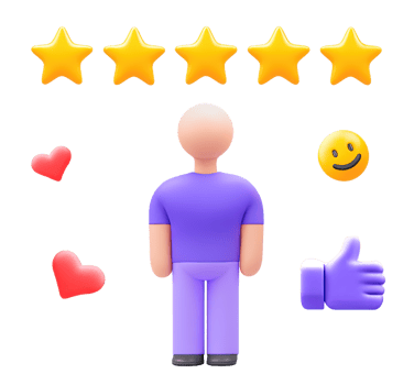A 3D rendered icon of a purple figure with five yellow stars hearts and a thumbs up representing customer satisfaction positive feedback high rating review or excellent service and appreciation png