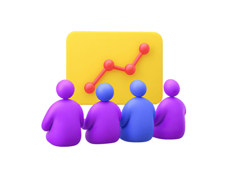 A 3D rendered icon of a team meeting with purple and blue figures discussing a yellow presentation board showing a rising graph symbolizing collaborative analysis strategic planning or business growth png