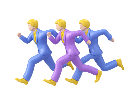 A dynamic 3D rendered icon of three stylized figures in blue purple and yellow running together signifying competition race teamwork or fast paced progress towards a common goal effectively png