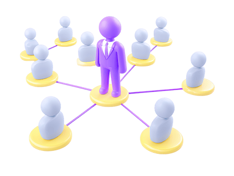 A 3D rendered icon illustrating a hierarchical network with a prominent purple leader figure connecting to yellow team members symbolizing leadership management and corporate structure png