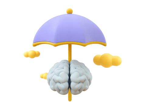 A 3D rendered brain protected by a purple umbrella with yellow clouds symbolizing intellectual property protection mental health awareness creative idea security or knowledge safety from any harm png