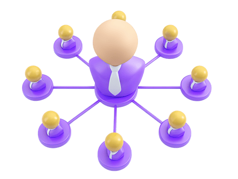 A dynamic 3D rendered icon of a network structure with a central purple figure connected to yellow nodes representing teamwork organization or communication for modern business visuals png