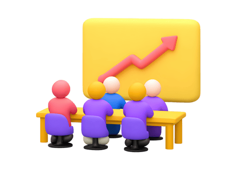 A 3D rendered icon depicting a business meeting where red blue and purple figures analyze a yellow graph on a board illustrating teamwork data review or strategic discussion for success png