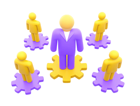 A 3D rendered icon depicting teamwork and collaboration with purple and yellow figures standing on interconnected gears symbolizing synergy operations process and business cooperation effectively png