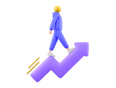 3D rendered male figure in suit walking up large purple upward arrow Represents career advancement business growth progress achieving goals or leadership png