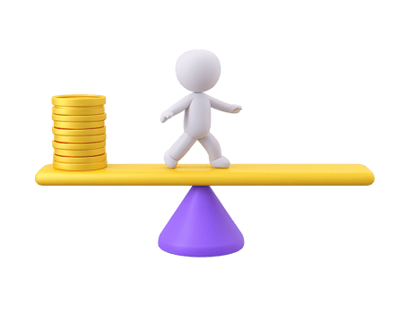 3D rendered figure balancing coins and smaller figure on seesaw Represents work life balance resource allocation fairness equality or weighing priorities png