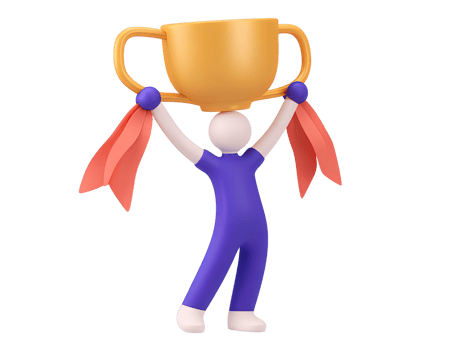 3D rendered dark blue figure joyfully lifting golden trophy with red blue ribbons Signifies triumph championship victory success or peak performance png