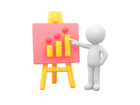 3D rendered white human figure presenting bar chart with rising trends on easel Pink background Symbolizes business analytics financial growth or data viz png