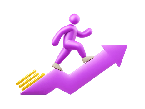 3D rendered pink figure running up purple arrow with coins on it Dynamic icon symbolizes financial growth investment success or career progression graphic png