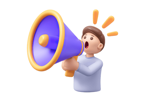 3D rendered male figure holding large purple yellow megaphone sound waves Symbolizes important announcements public speaking or marketing campaigns png