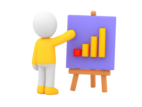 3D rendered yellow human figure pointing at rising bar chart on easel Illustrates business growth financial success data analysis or presentation png