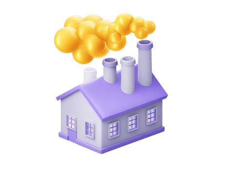 Detailed 3D rendered industrial factory icon Purple exterior yellow smoke plumes Symbolizes manufacturing production industry and environment Clean modern style png