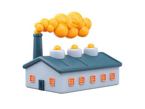 3D rendered factory icon green roof multiple windows yellow smoke Symbolizes industry manufacturing production or sustainable energy Modern clean visual design png