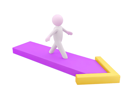 A 3D rendered icon of a stylized figure walking along a straight purple arrow path indicating clear direction progress forward movement and a defined journey ahead png
