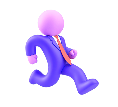 A 3D rendered icon of a figure in a purple suit and red tie running purposefully symbolizing business agility speed corporate ambition or chasing an opportunity png