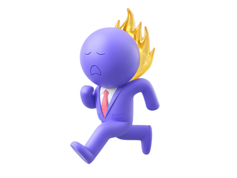 A 3D rendered icon of a businessman running frantically with his hair on fire depicting a highly stressful urgent crisis situation or being overwhelmed at work png