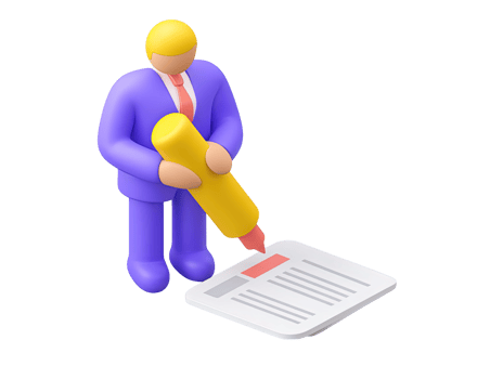 A 3D rendered icon of a figure in a suit signing a document or contract with a large yellow pen representing formal agreement deal or legal commitment made png