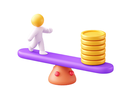 A 3D rendered icon of a figure on one end of a seesaw outweighing a stack of gold coins symbolizing greater value importance or intellectual capital over money png