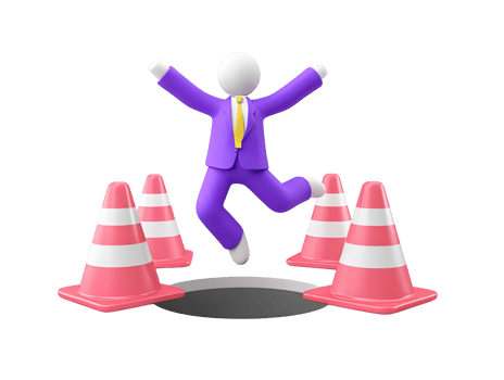 A 3D rendered icon of a figure in a suit jumping over a row of traffic cones representing overcoming business obstacles challenges and navigating through difficulties png