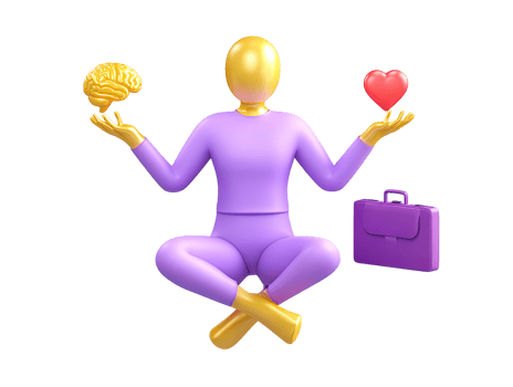 A 3D rendered icon of a figure in a meditative yoga pose with brain heart and briefcase icons symbolizing essential work life balance mental health and mindfulness png