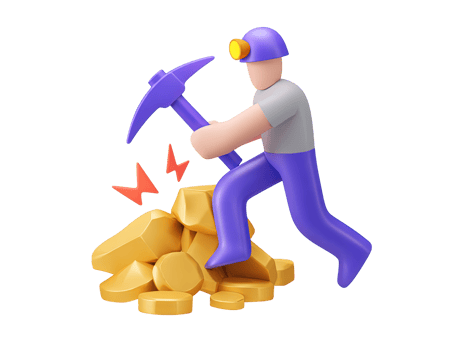 A 3D rendered icon of a hardworking miner with a pickaxe excavating a pile of shiny gold coins representing wealth discovery and valuable resources found png