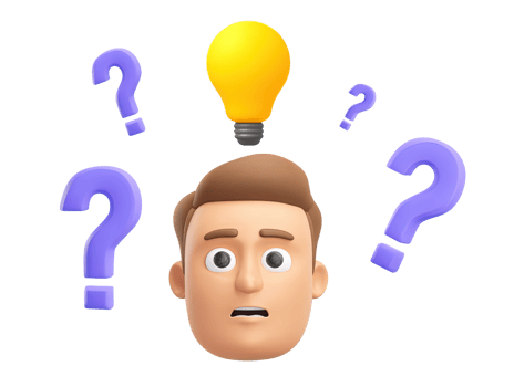 A 3D rendered icon of a pensive male head surrounded by question marks with a bright lightbulb above symbolizing idea generation problem solving and curiosity png