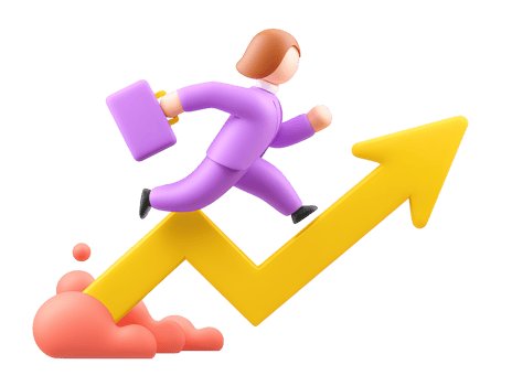 A 3D rendered icon of a dynamic figure running swiftly upwards on a yellow zig zag graph arrow symbolizing rapid growth progress financial success and achievement png