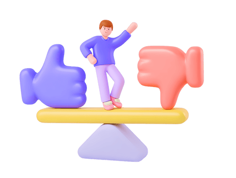 A 3D rendered icon of a figure balancing on a seesaw between a thumbs up and a thumbs down symbol representing crucial decision making receiving feedback or evaluation png
