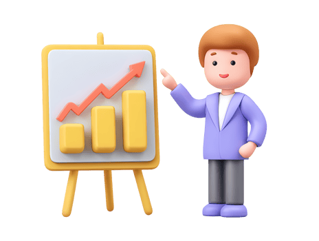 A 3D rendered icon of a businessman in a suit pointing to an upward trending bar graph on a whiteboard symbolizing growth and financial success png