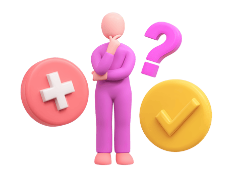 A 3D rendered icon of a figure surrounded by plus minus checkmark and question mark symbols representing complex decision making analysis choices and careful evaluation png