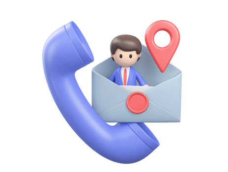 A 3D rendered icon of a figure in an envelope emerging from a telephone receiver with a location pin symbolizing direct contact efficient communication or customer outreach png