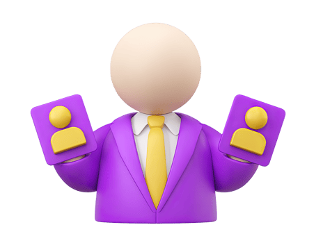 A 3D rendered icon of a faceless stylized business figure in a purple suit holding two yellow smartphones showcasing advanced mobile technology communication or app usage png
