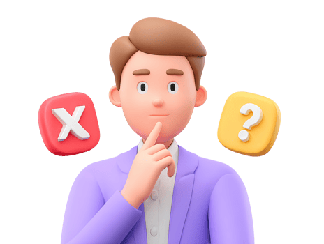 A 3D rendered icon of a pensive man with a red X speech bubble and a yellow question mark bubble indicating a serious dilemma doubt or making a difficult choice png