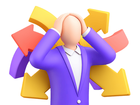A 3D rendered icon of a stressed businessman with hands on head surrounded by diverging arrows symbolizing overwhelming choices immense pressure or severe decision fatigue png